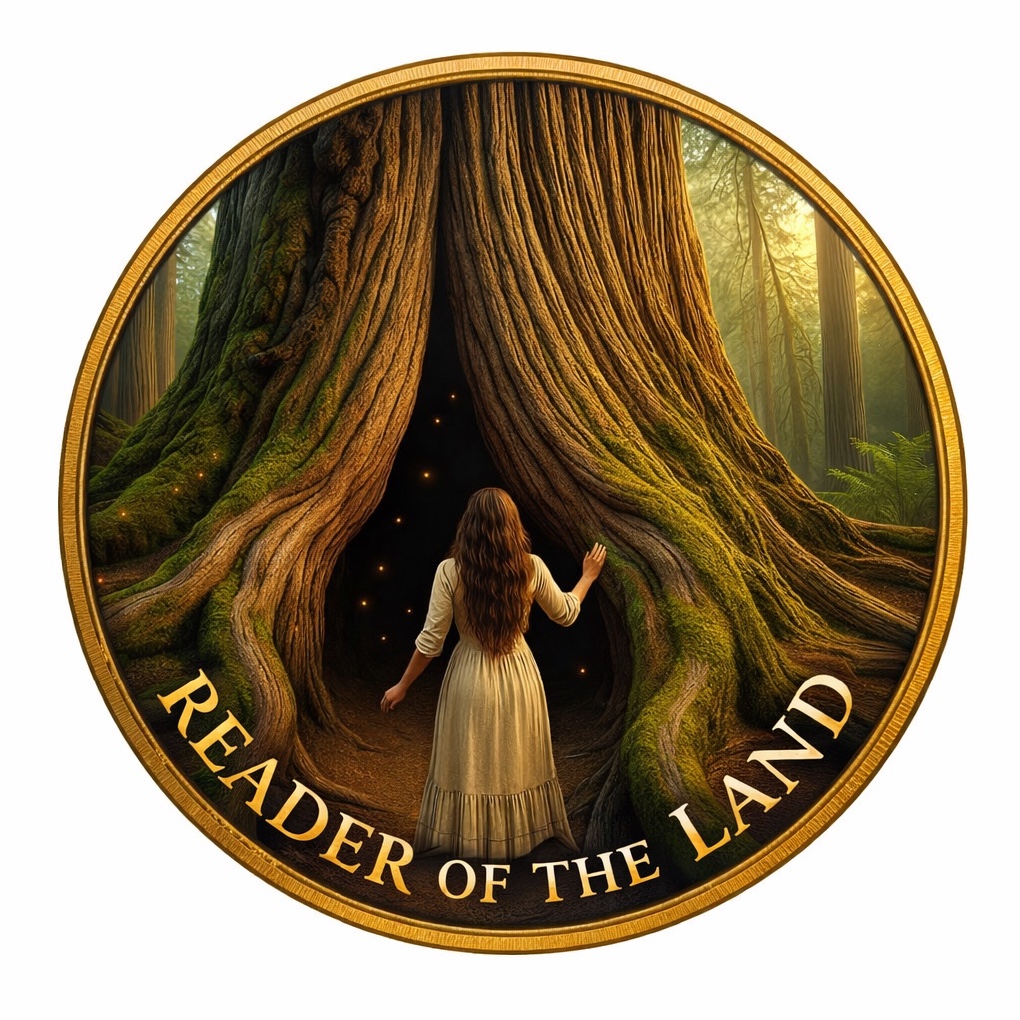 A woman approaching a luminous opening in an ancient forest tree
